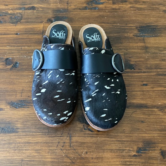 Sofft Shoes - Sofft Billie Women Black White Cow Hair Spotted Buckle Strap Mules Clogs Size 6M